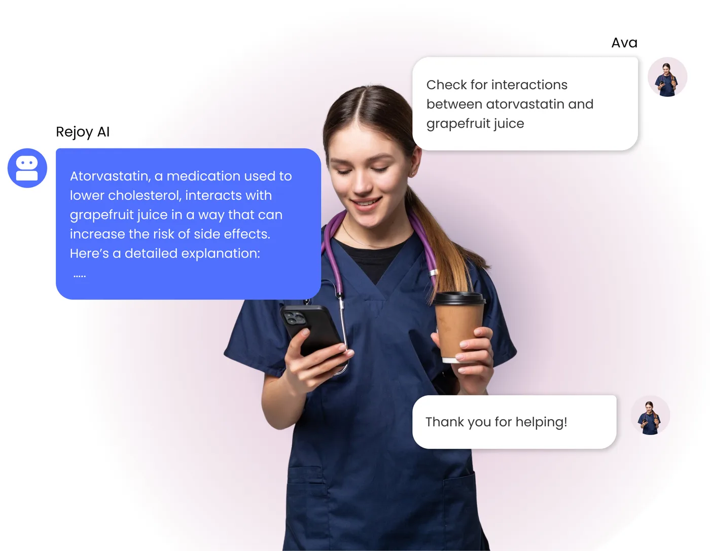 Nurse asking Rejoy AI about a drug interaction on her phone